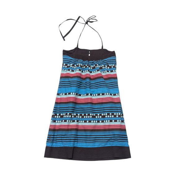 Vintage Y2K Volcom Striped Halter Mini Dress Polka Dot Chocolate Brown Aqua Blue - Picture 3 of 7